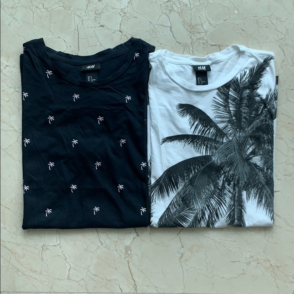 (2) H&M Black White Navy Small Palm Tree T Shirts